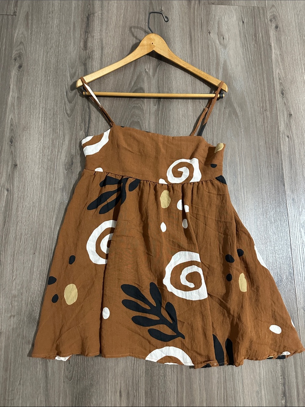 Millibon Brown Sundress Mini with White, Black & Tan Print Casual Open Back